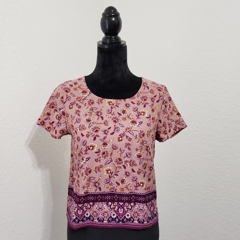 Pink Floral Print Keyhole Short Sleeve Blouse Sz S